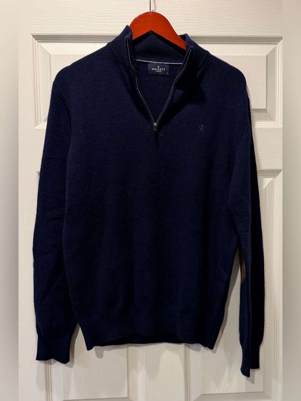 Hackett London size medium 100% wool lambs wool 1/4 zip sweater elbow patches